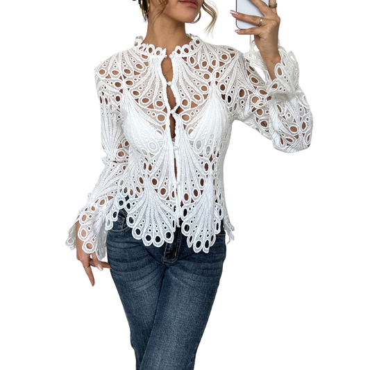 Thessaly | Women's Lace Cutwork Blouse Long Sleeve Hollow Out Top