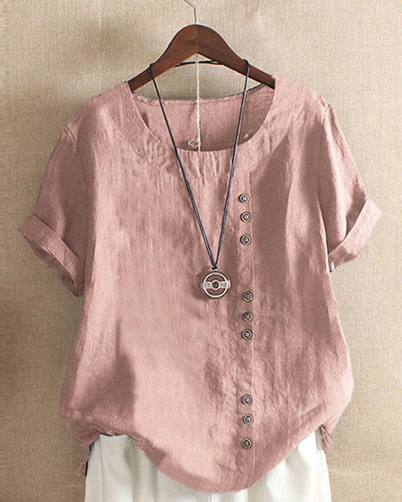 Clementine | Women's Button Front Crew Neck Short Sleeve Everyday Top