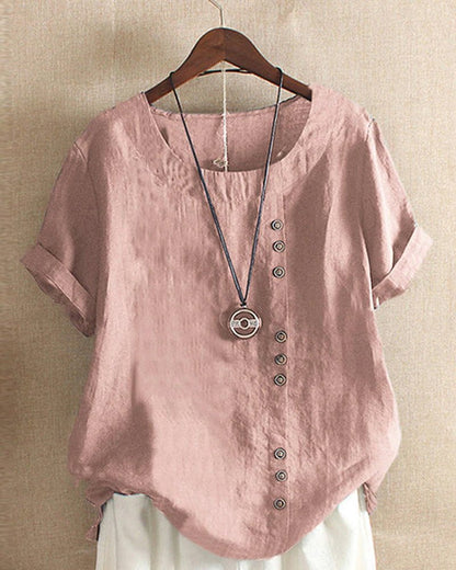 Clementine | Women's Button Front Crew Neck Short Sleeve Everyday Top