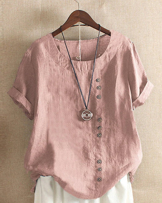 Clementine | Women's Button Front Crew Neck Short Sleeve Everyday Top