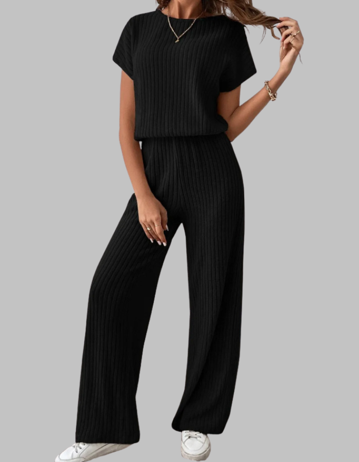 Nora | Women's Ribbed Wide Leg Pants & Short Sleeve Top Set
