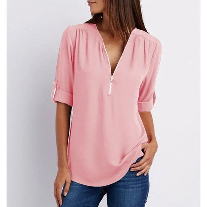 Nan | Women's Zip-Up V-Neck Half Sleeve Everyday Blouse Top
