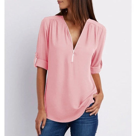 Nan | Women's Zip-Up V-Neck Half Sleeve Everyday Blouse Top