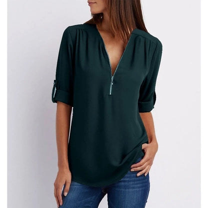 Nan | Women's Zip-Up V-Neck Half Sleeve Everyday Blouse Top
