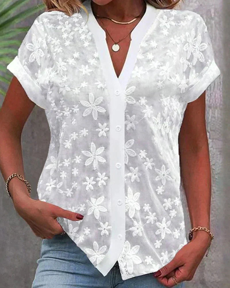 Lucy | Women's Short Sleeve Floral Lace Button-Down Blouse