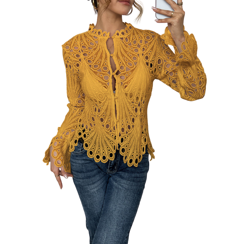 Thessaly | Women's Lace Cutwork Blouse Long Sleeve Hollow Out Top