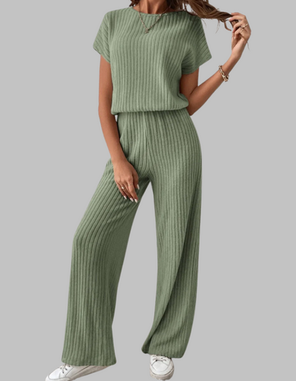 Nora | Women's Ribbed Wide Leg Pants & Short Sleeve Top Set