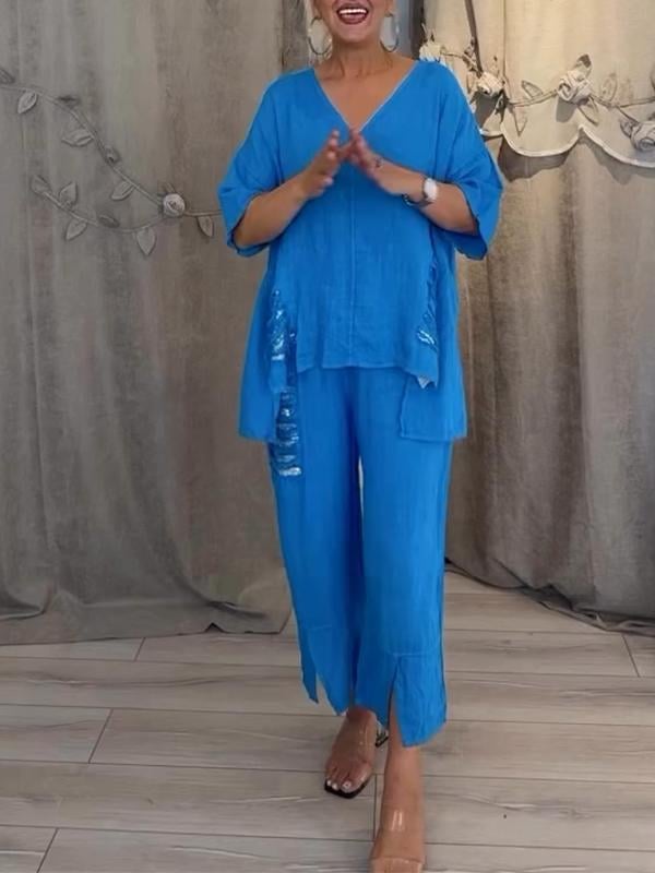 Pearl | Women's Cropped Pants & V-Neck Top Casual 2 Piece Set