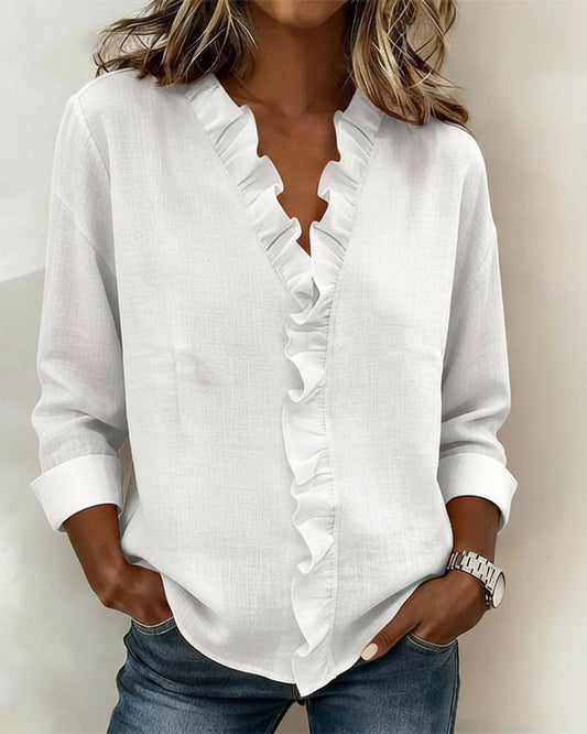 Veda | Women's Ruffle V-Neck Long Sleeve Blouse Spring Top