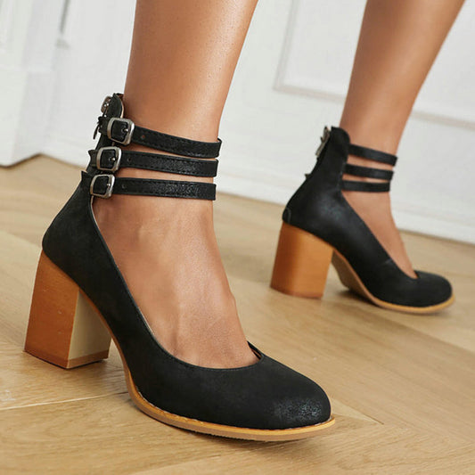 Harriet | Smooth Sandals with Ankle Strap and Thick Heel
