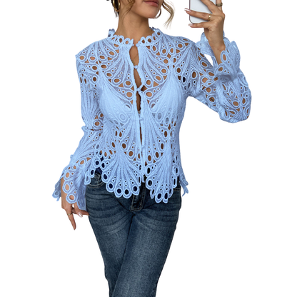 Thessaly | Women's Lace Cutwork Blouse Long Sleeve Hollow Out Top
