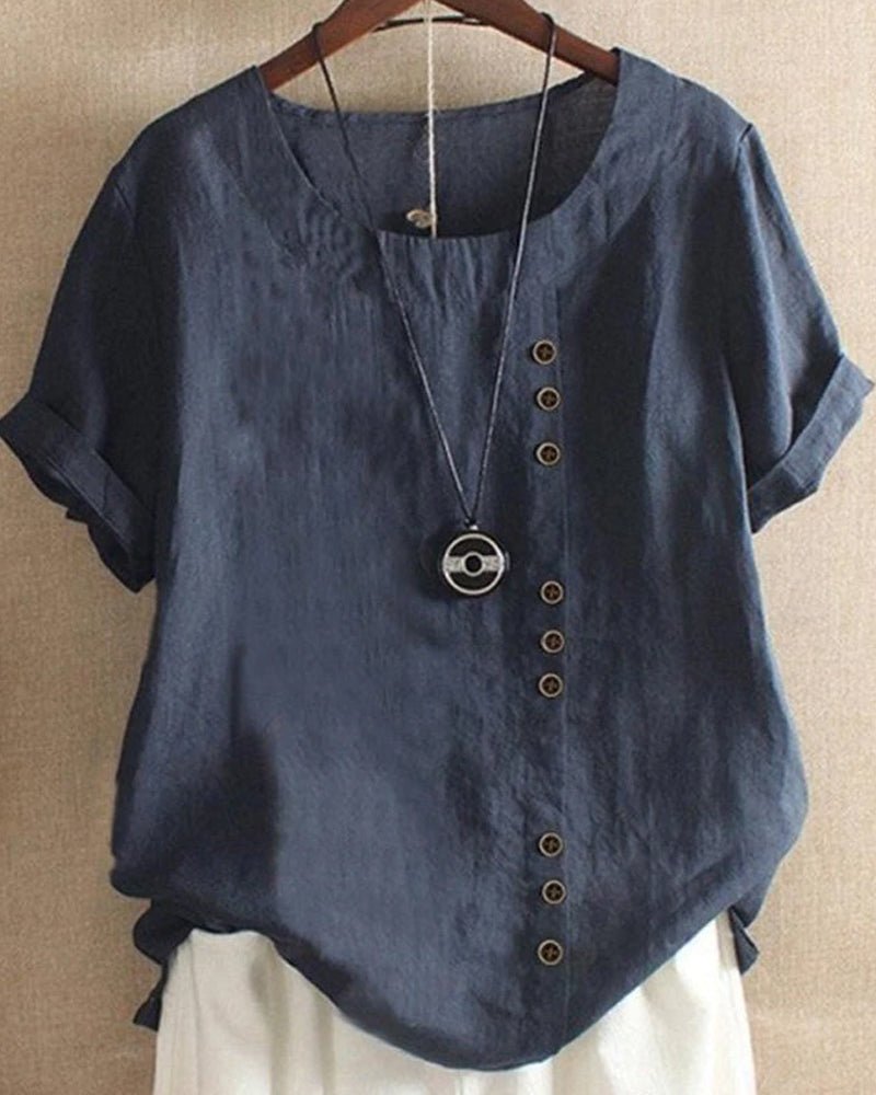 Clementine | Women's Button Front Crew Neck Short Sleeve Everyday Top