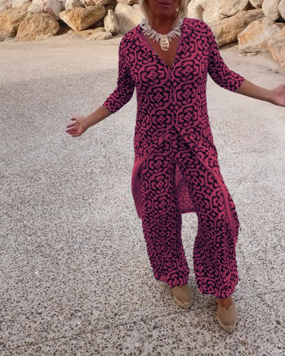 Mia | Women's Straight Pants & Longline Printed Shirt Set
