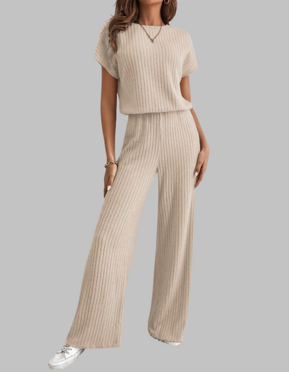 Nora | Women's Ribbed Wide Leg Pants & Short Sleeve Top Set