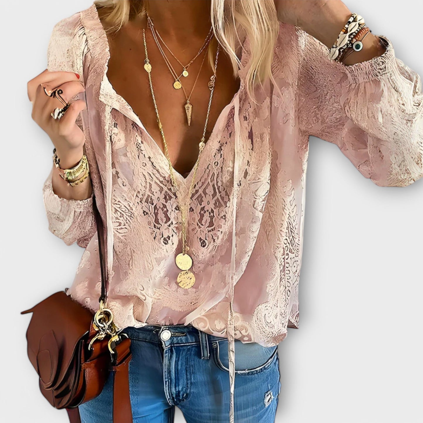 Bindi | Women's Lace V-Neck Blouse Long Sleeve Boho Top