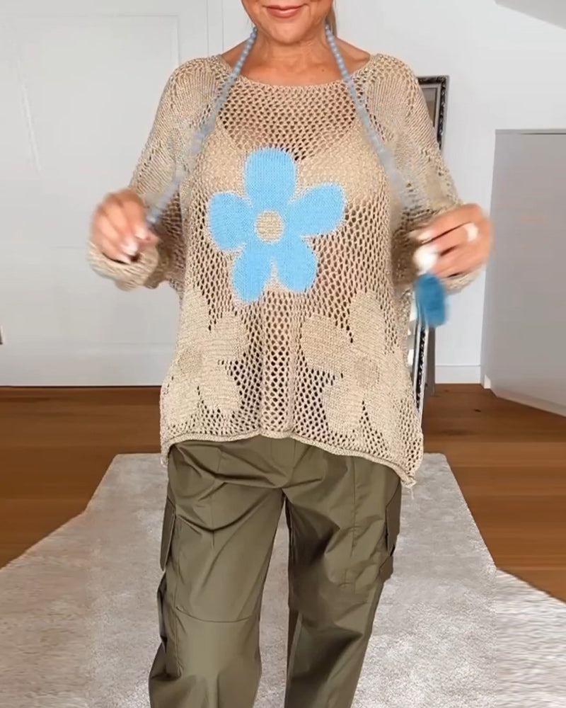 Brook | Women's Crochet Top Floral Open Weave Long Sleeve