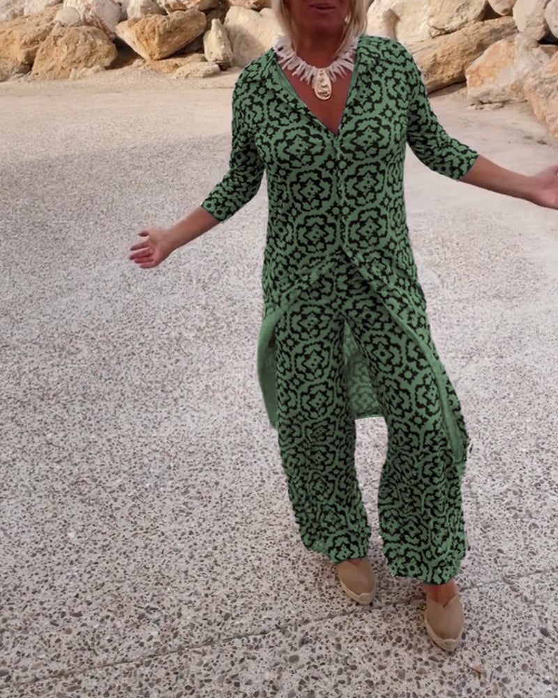 Mia | Women's Straight Pants & Longline Printed Shirt Set