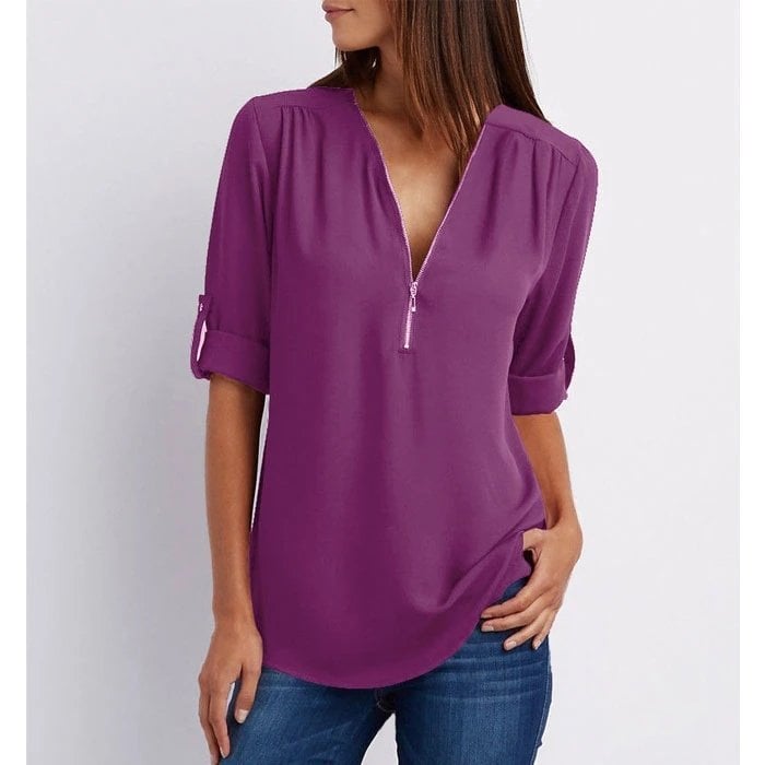 Nan | Women's Zip-Up V-Neck Half Sleeve Everyday Blouse Top