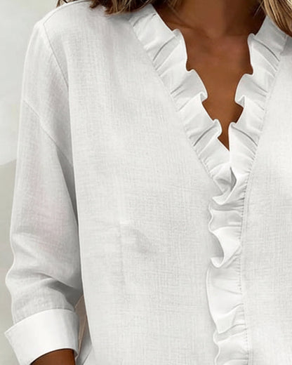 Veda | Women's Ruffle V-Neck Long Sleeve Blouse Spring Top