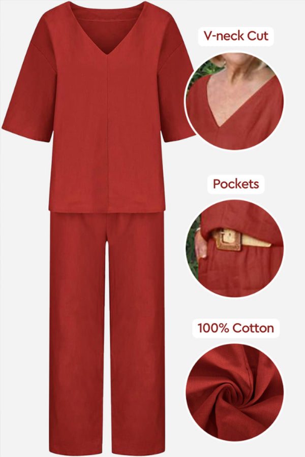 Carmen | Women's Straight-Leg Pants & V-Neck Batwing Top Set