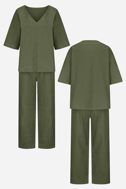 Carmen | Women's Straight-Leg Pants & V-Neck Batwing Top Set