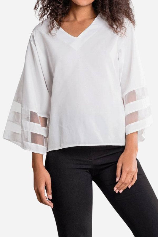 Ceinwen™ | Women's V-Neck Bell Sleeve Blouse with Mesh Panel Detail