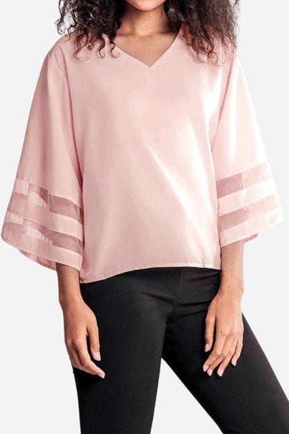 Ceinwen | Women's V-Neck Bell Sleeve Blouse with Mesh Panel Detail