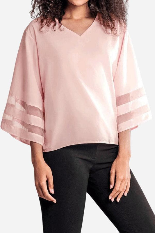 Ceinwen™ | Women's V-Neck Bell Sleeve Blouse with Mesh Panel Detail