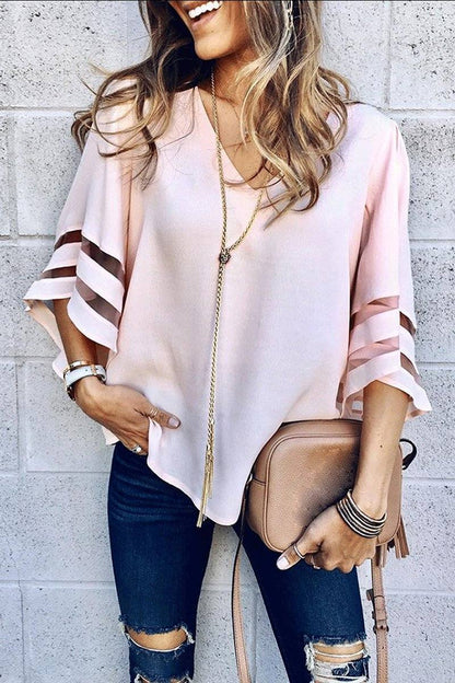 Ceinwen | Women's V-Neck Bell Sleeve Blouse with Mesh Panel Detail