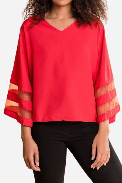 Ceinwen | Women's V-Neck Bell Sleeve Blouse with Mesh Panel Detail