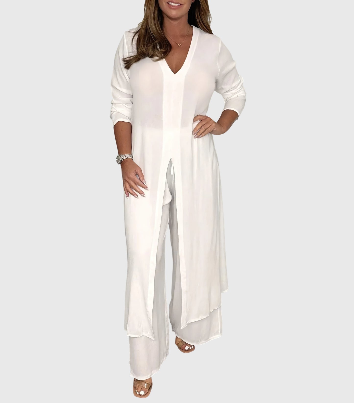 Pearl | Women's Wide Leg Pants & Duster Cardigan Two-Piece Set
