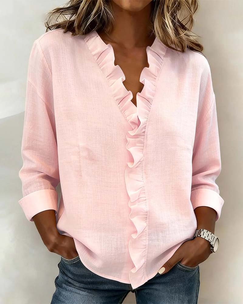 Veda | Women's Ruffle V-Neck Long Sleeve Blouse Spring Top