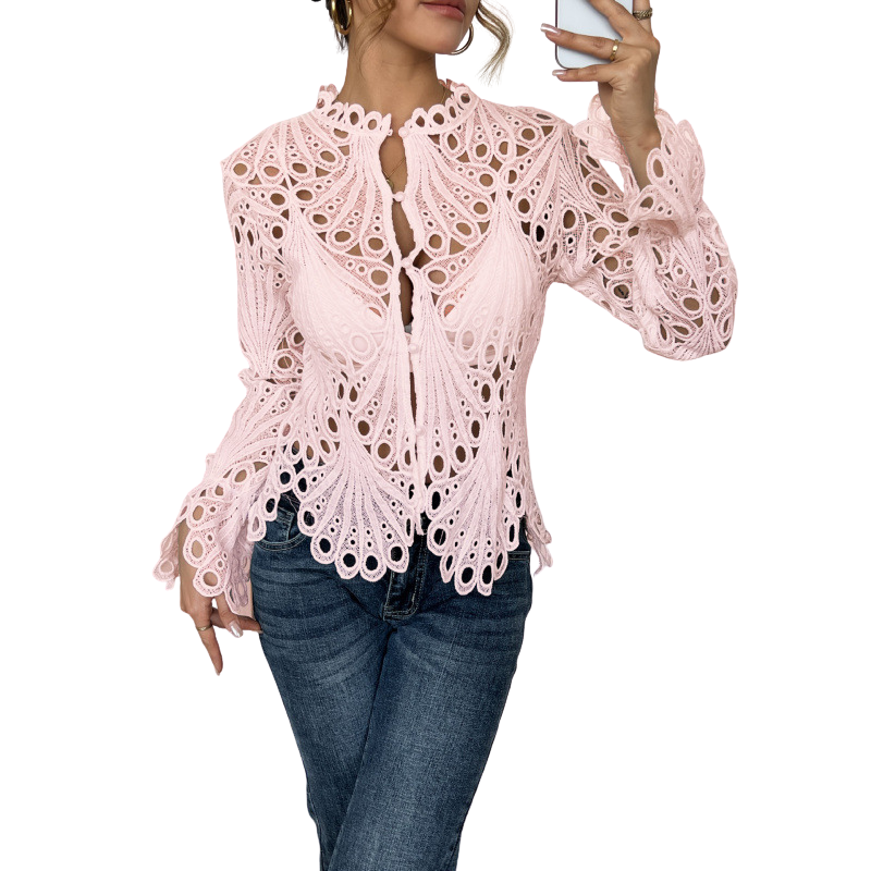 Thessaly | Women's Lace Cutwork Blouse Long Sleeve Hollow Out Top