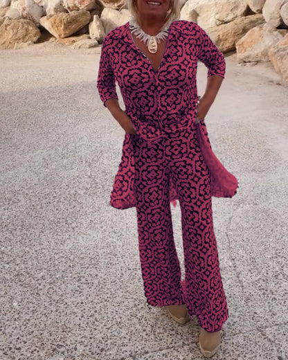 Mia | Women's Straight Pants & Longline Printed Shirt Set