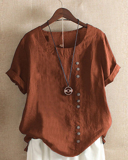 Clementine | Women's Button Front Crew Neck Short Sleeve Everyday Top