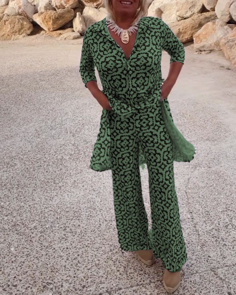 Mia | Women's Straight Pants & Longline Printed Shirt Set