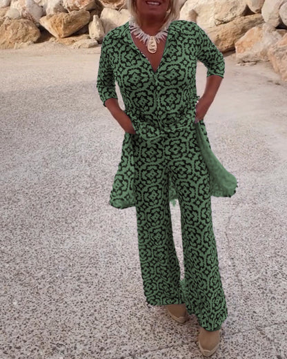 Mia | Women's Straight Pants & Longline Printed Shirt Set