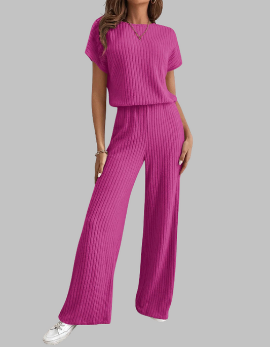 Nora | Women's Ribbed Wide Leg Pants & Short Sleeve Top Set