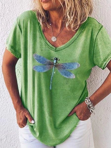 Myfanwy | Women's Dragonfly Print V-Neck Short Sleeve Everyday Tee