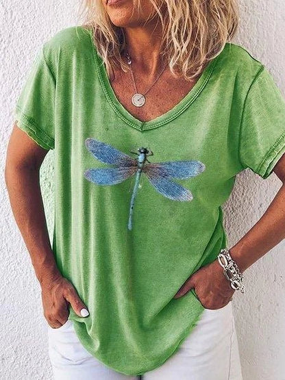 Myfanwy | Women's Dragonfly Print V-Neck Short Sleeve Everyday Tee