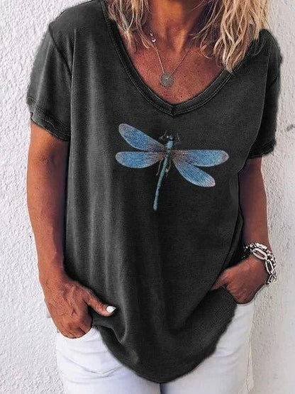 Myfanwy | Women's Dragonfly Print V-Neck Short Sleeve Everyday Tee