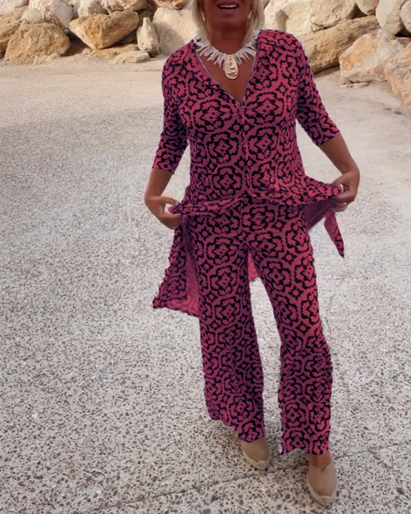 Mia | Women's Straight Pants & Longline Printed Shirt Set