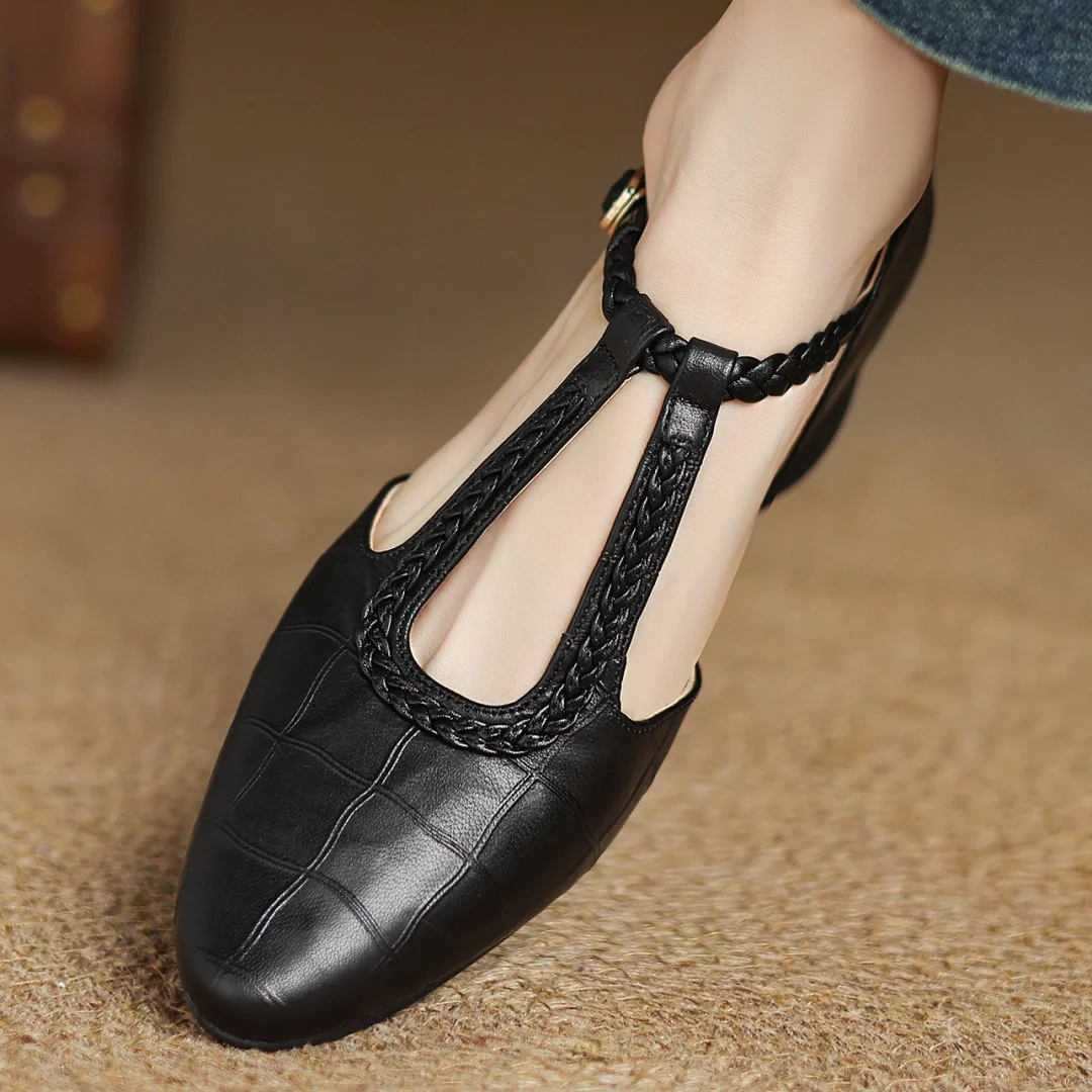 Miranda | Women's Leather T-Strap Mary Jane Flats Pointed Toe Flat