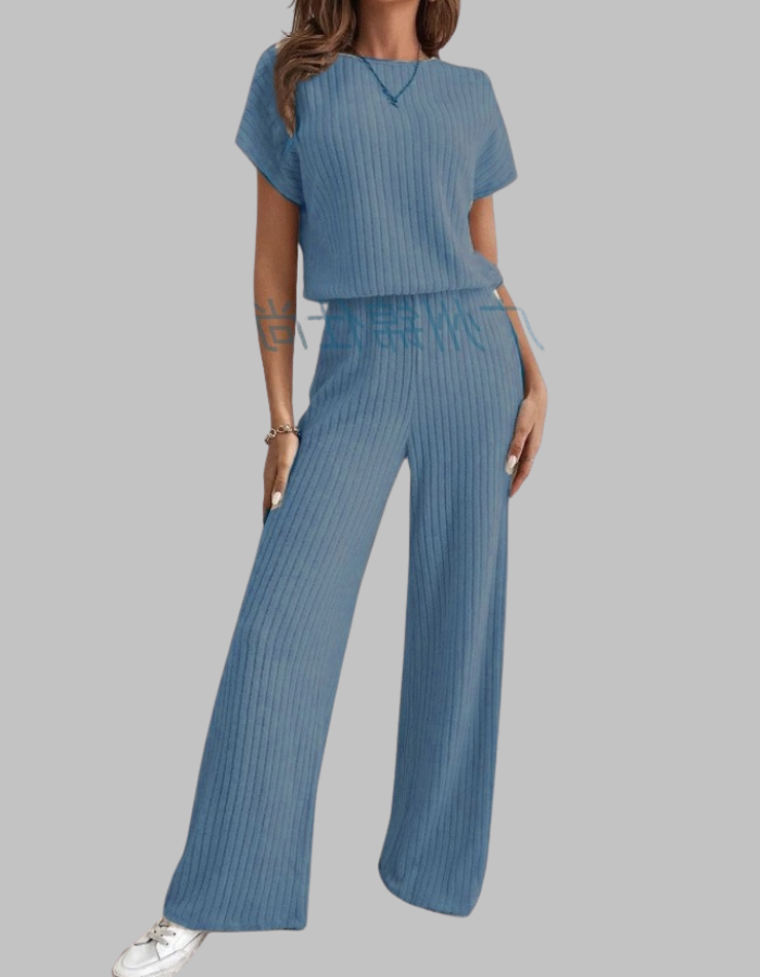 Nora | Women's Ribbed Wide Leg Pants & Short Sleeve Top Set