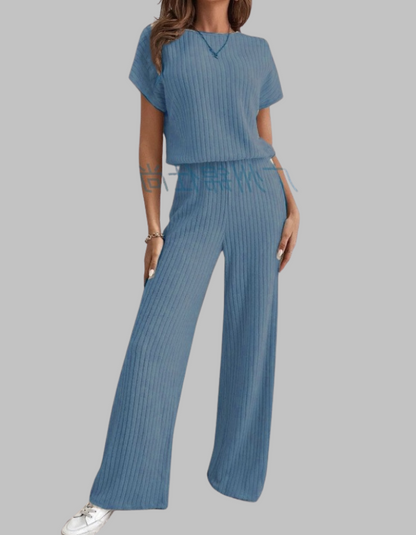 Nora | Women's Ribbed Wide Leg Pants & Short Sleeve Top Set