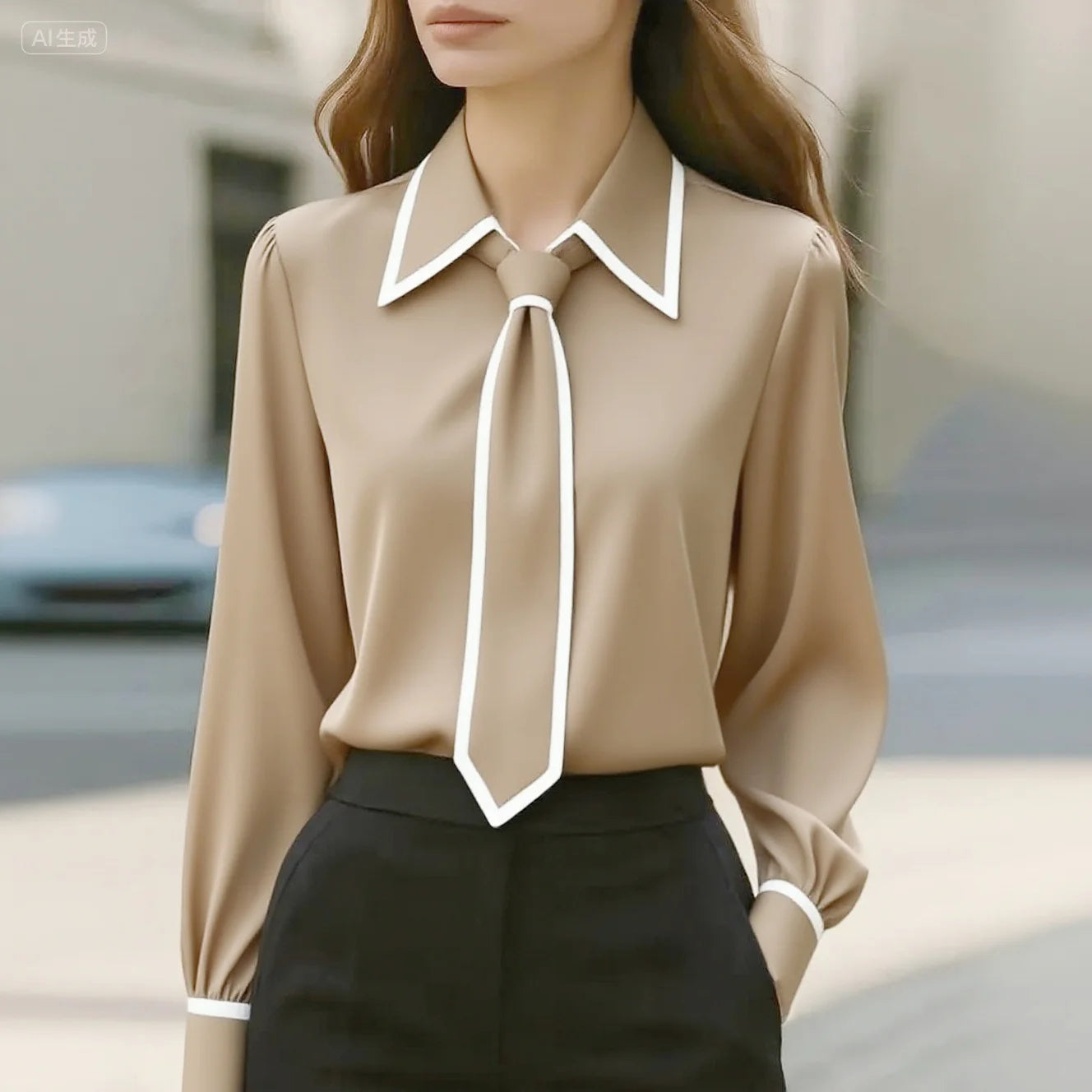 Winifred | Women's Long Sleeve Tie Neck Blouse Contrast Collar