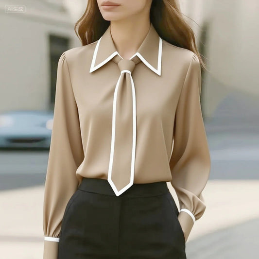 Winifred | Women's Long Sleeve Tie Neck Blouse Contrast Collar