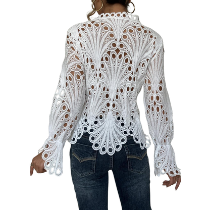 Thessaly | Women's Lace Cutwork Blouse Long Sleeve Hollow Out Top