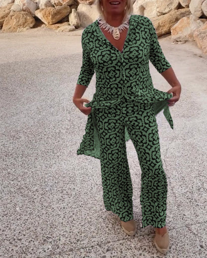 Mia | Women's Straight Pants & Longline Printed Shirt Set