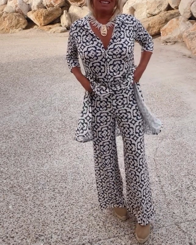 Mia | Women's Straight Pants & Longline Printed Shirt Set